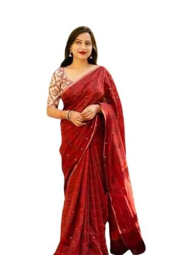 Ak Lux Linen With Zari Weaving Chex And All Over Mirror And Tassels On Pallu Saree