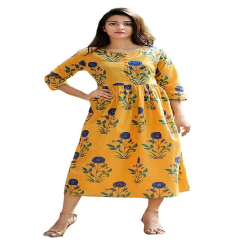 Casual Wear Regular Fit 3/4th Sleeve Round Neck Printed Kurtis For Ladies