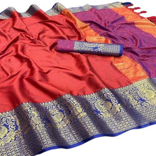 Red And Golden Blue Wedding Wear Embroidered Festive Special Cotton Soft Silk Saree