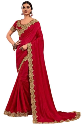 Red Party Wear Heavy Border Saree