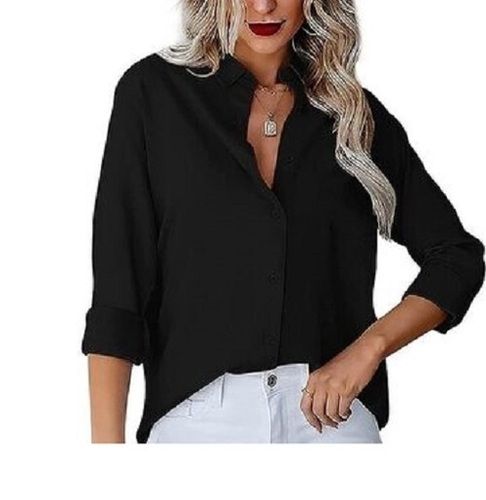 Ladies Fashion Shirt - Cotton Fabric, Customized Size, Plain Black Color | Full Sleeves, Breathable, No Fade, Quick Dry, Regular Fit