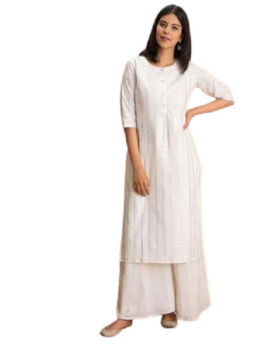 Ladies Cotton Kurti - Long Regular Fit, Round-Neck, White | Casual 3-4th Sleeve, Quick Dry, Anti-Wrinkle, Shrink and Tear Resistant