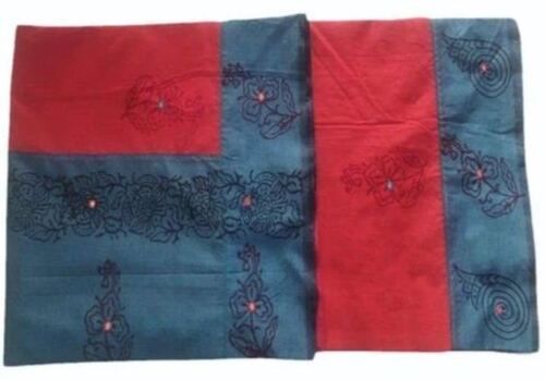 Poly Cotton Sarees - GSM 180, Red And Dark Blue with Mirror Work , Party Wear with Blouse