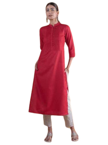 Ladies Cotton Kurti - Solid Red, 3-4th Sleeve, Handwash Care | Quick Dry, No Fade, Available in Multiple Sizes