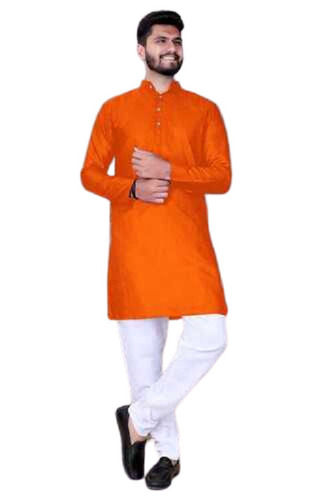 Cotton Kurta Pajama Set - Long Regular Fit, Orange & White, Anti Wrinkle, Breathable, Quick Dry, Long Sleeve, Summer Wear