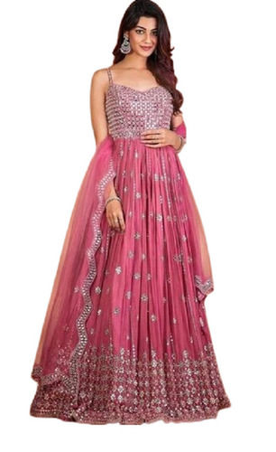 Party Wear Sleeveless Onion Pink Breathable Georgette Sequence Work Ladies Gown