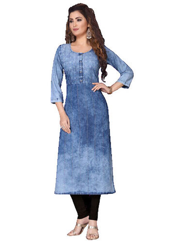 Casual Wear Regular Fit 3/4th Sleeve Round Neck Breathable Denim Ladies Kurtis