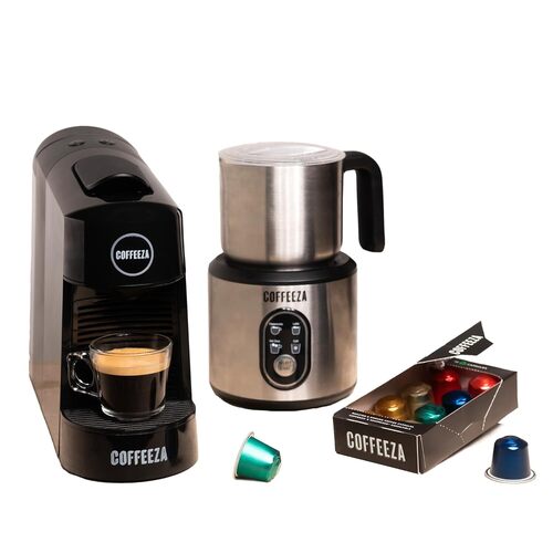 Finero Next Capsule Coffee Machine - Stainless Steel, Espresso & Lungo Brewing Options, LCD Display | Includes Milk Frother & 14 Assorted Coffee Capsules
