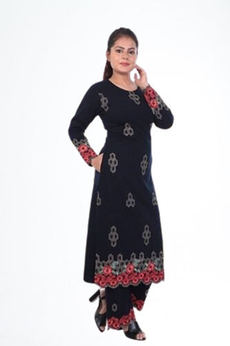 Black Party Wear Ladies Embroidered Woolen Kurti With Plazzo