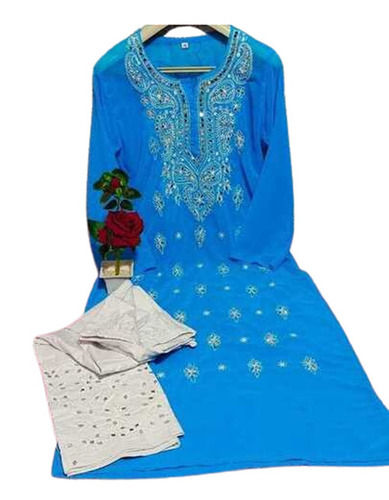 Casual Wear Regular Fit Long Sleeve Round Neck Readymade Chikan Ladies Kurtis