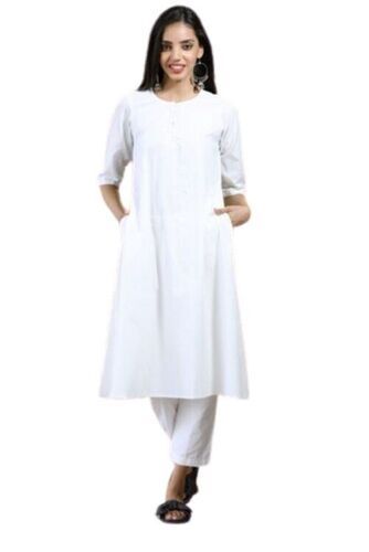 A-Line 3/4th Sleeve White Plain Cotton Kurti           