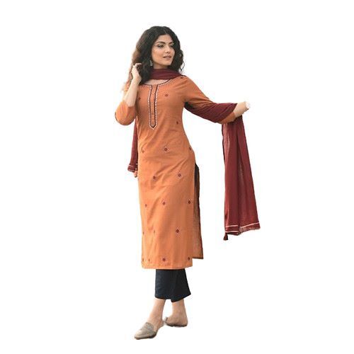 Orange Ladies Cotton Readymade Salwar Kameez Dupatta Set