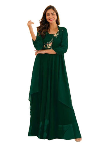 Round Neck 3/4th Sleeves Ladies Green Long Kurti