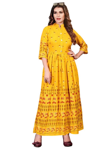 3/4th Sleeves Printed Patter Rayon Fabric Ladies Long Kurti