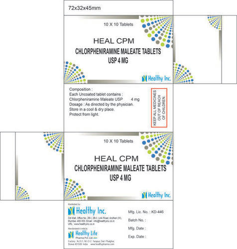 Chlorpheniramine Maleate Tablet USP 4mg, 10x10 Tablets Blister Pack