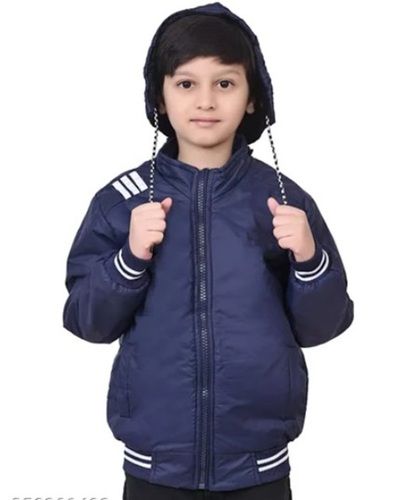 Full Sleeves Plain Zipper Navy Blue Nylon Boys Jacket