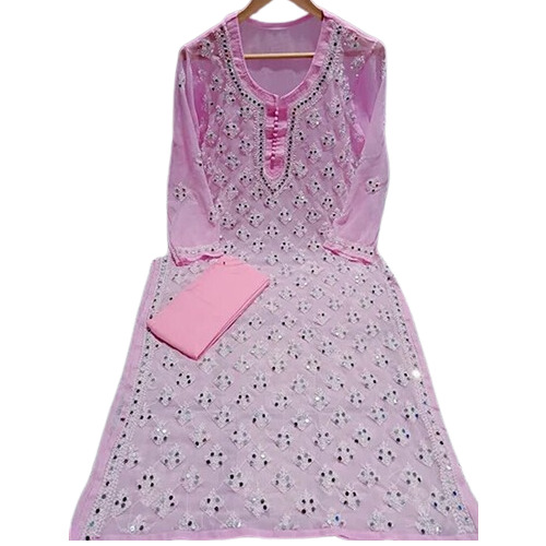 Chikan Kari Embroidered Chiffon Kurti - Regular Fit, Multicolor, 3-4th Sleeve Style | Handwash, Breathable, Trendy Ethnic Party Wear