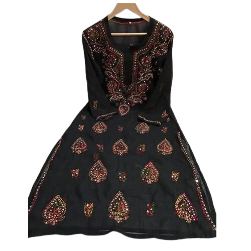 Ladies Lucknowi Chiffon Kurti - Regular Fit, 3/4 Sleeves, Multicolor | Embroidered, Breathable, Machine Washable, Trendy for Summer and Winter