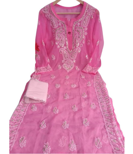 Ladies Lucknowi Gotapatti Chikan Kurti - Chiffon, Size L, Multicolor | Breathable, Embroidered, 3/4 Sleeve, Trendy, Hand Wash, Machine Wash