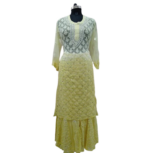 Lucknowi Chikan Embroidered Kurti - Chiffon Material Body Fit Multicolor Design | Breathable Handwashable Trendy 3-4th Sleeve Style