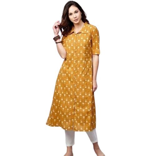 Party Wear 3/4th Sleeve Ladies Collar Neck Printed Cotton Kurti