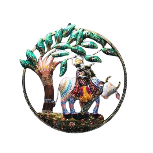 Round Iron Fine Painted Krishna Cow Wall Hanging