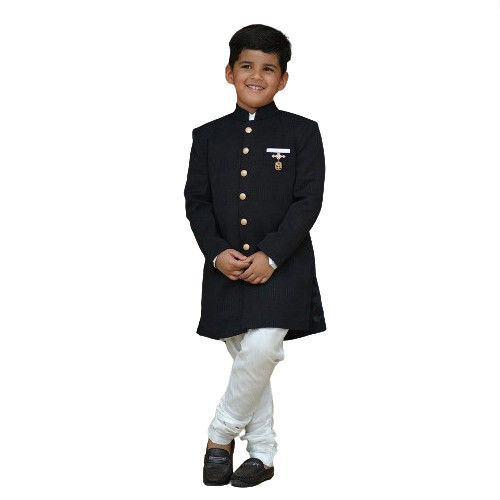 Black Coloured Self-Textured Kids Achkan for Weddings