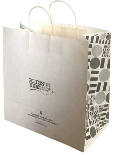 Kraft Paper Bags - Single Compartment, Printed Design, Modern Style with Rope Handle, Disposable & Moisture Proof, Standard Size in White