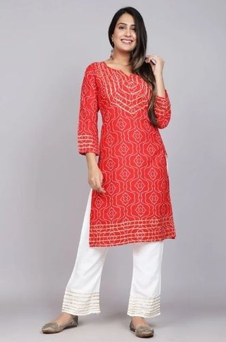 Multi Color Printed Pattern 3/4th Sleeves Ladies Bandhej Kurti