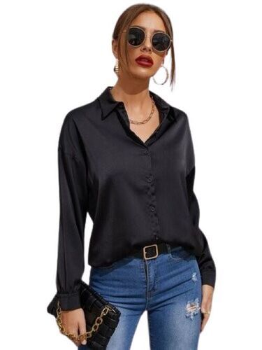 Shrink Resistance Solid Ladies Black Color Shirt 