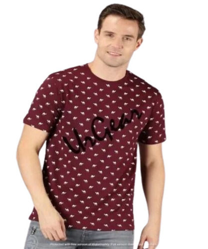 Maroon Mens Round Neck Printed T Shirt