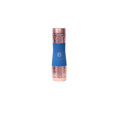 1450ML Pure Copper Water Bottle Silk Blue Half Hammered with 2 Dholak Glasses (Set of 3 Pieces)