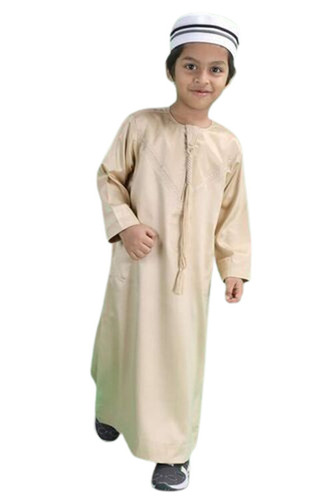 Cream Jubba - Long Regular Fit, Breathable Polyester Fabric, Customized Size For Kids, Long Sleeve Thawb, Plain Design