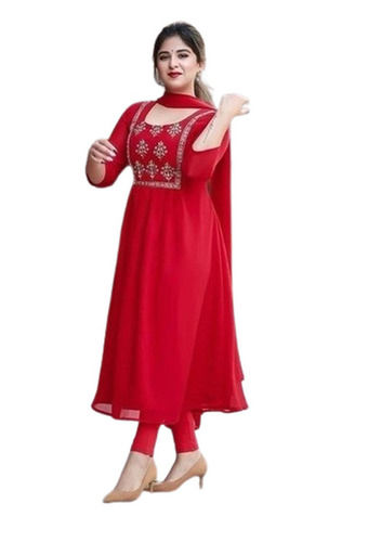 Fancy Kurti - Long Regular Fit, Red Printed 3-4th Sleeve , Quick Dry, Washable, Breathable for Casual Wear