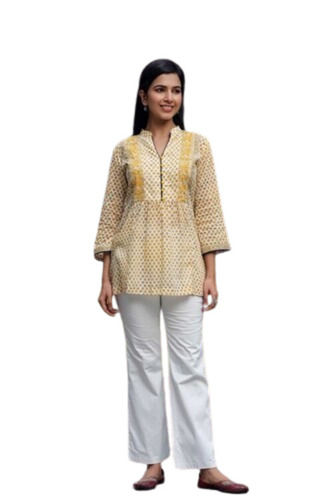 Collared Light Yellow Short-Length Kurti