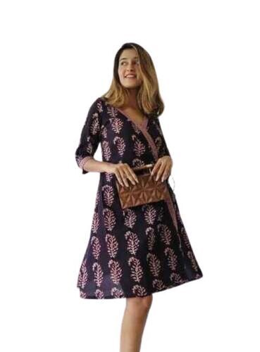 Attractive Designs Hand Block Print Black Cotton Wrap Dress