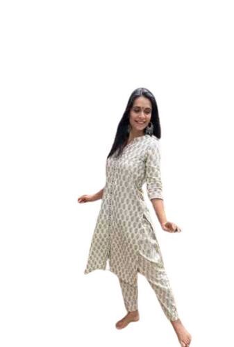 White Cotton Kurti With Brown Bagh Hand Block Print