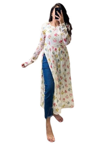 White Floral Printed Georgette Naira Cut Casual Kurti