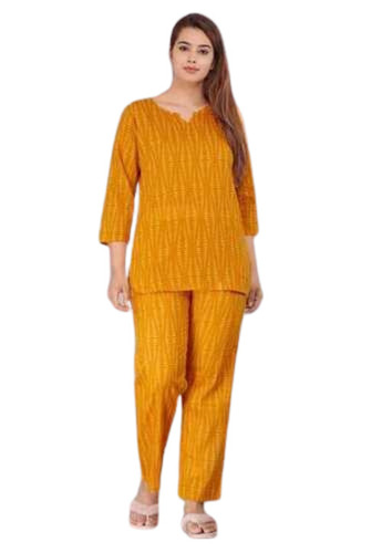 Yellow Night Suit - Cotton Blend, Very Good Quality, Light Weight, Breathable, Summer Wear for Women, Printed Pattern, Short Sleeves