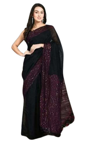 Fashionable Black Net Saree - 6.3 Meters Length with Unstitched Blouse Piece | Breathable, Lightweight, Quick Dry, Easy Washable, Ultra Fine Fabric, Skin-Friendly, Regular Fit