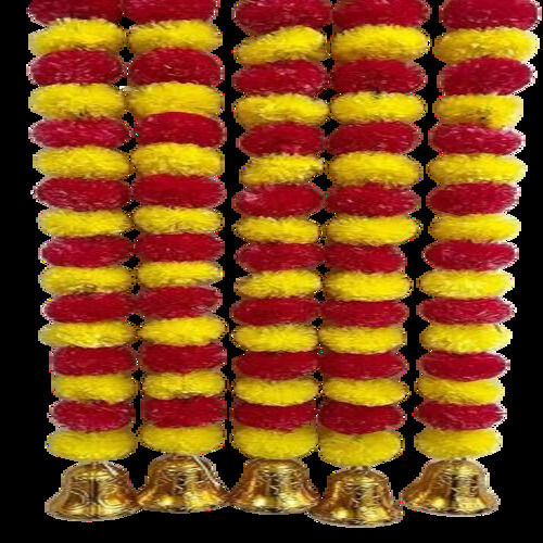 SPHINX Artificial Marigold Fluffy Flowers and Golden/Silver Hanging Bells Garlands/Torans/Wall hangings for Decoration- 30 Flowers per String - (Yellow and Red, 5)