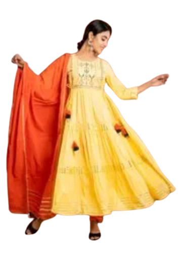 Ladies Anarkali Suits - 100% Cotton 3/4th Sleeve Red & Yellow | Light Weight Breathable Washable Quick Dry Perfect for Summer