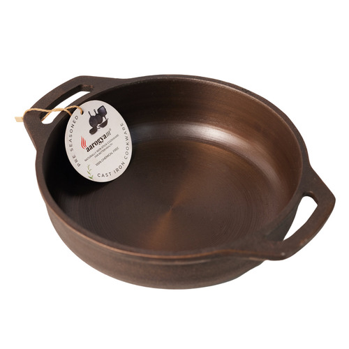 Aarogyam Cast Iron Flat Kadai for Cooking & Deep Frying Flat Double Handle 10 inch (25 cm), Pre-Seasoned, Gas & Induction Compatible, Naturally Non-Toxic & Nonsticky, Oven Safe