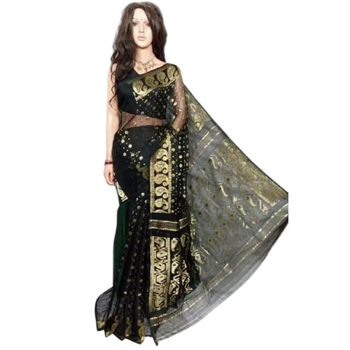Black Color Cotton Silk Jori Jamdani Saree - Stylish Printed Design, Wrinkle Free Fabric, Perfect for Parties and Gifting | Available in Various Sizes, Suitable for All Seasons