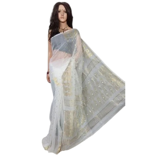 White Cotton Silk Jori Jamdani Saree - Shrink Resistant, Color Fast, Printed Pattern | Available in Various Sizes for All Seasons