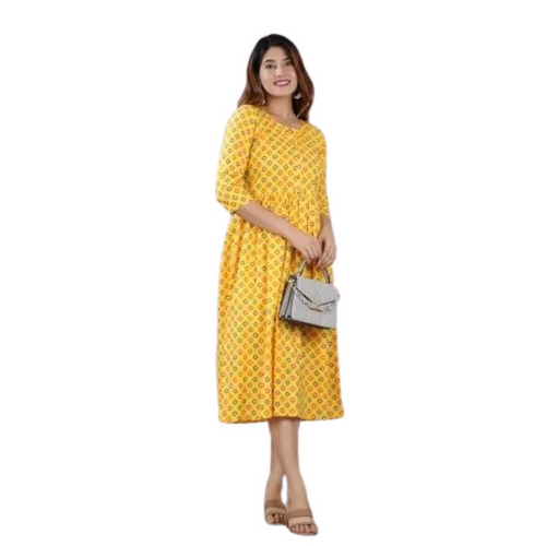 Dotted Printed Cotton Dress - Color: Yellow