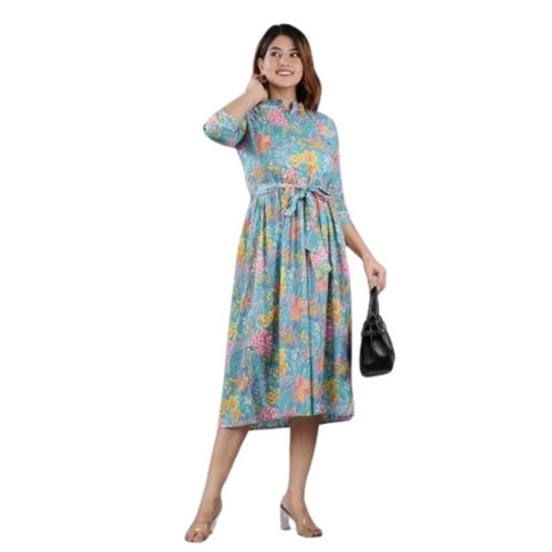 Floral Printed Cotton Dress - Color: Multicolor