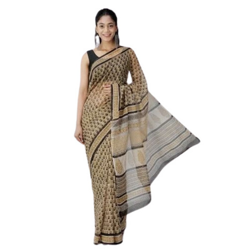 Block Printed Saree - Kota Doria, 6.3m Length With 0.8m Blouse Piece, Green, Lightweight And Breathable For Summer Party Wear