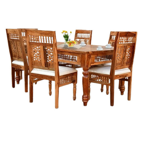 6 Seater Teak Wooden Dining Table Set - Color: Brown