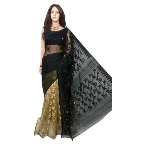 काला कपास रेशम मुलायम ढाकाई जामदानी हैंडलूम साड़ी